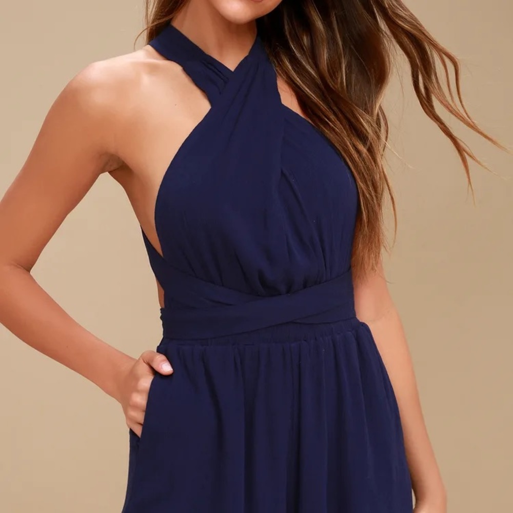 Lulu’s Navy Blue Convertible Stretch Halter Shorts Romper XS new